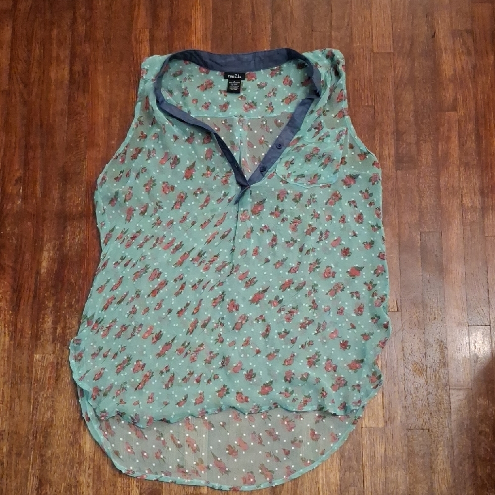 Rue21 Y2K Sleeveless Blue Green Floral Mesh Tank Top Blouse Tunic